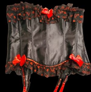 Corset black and red satin with g-string 2XL
